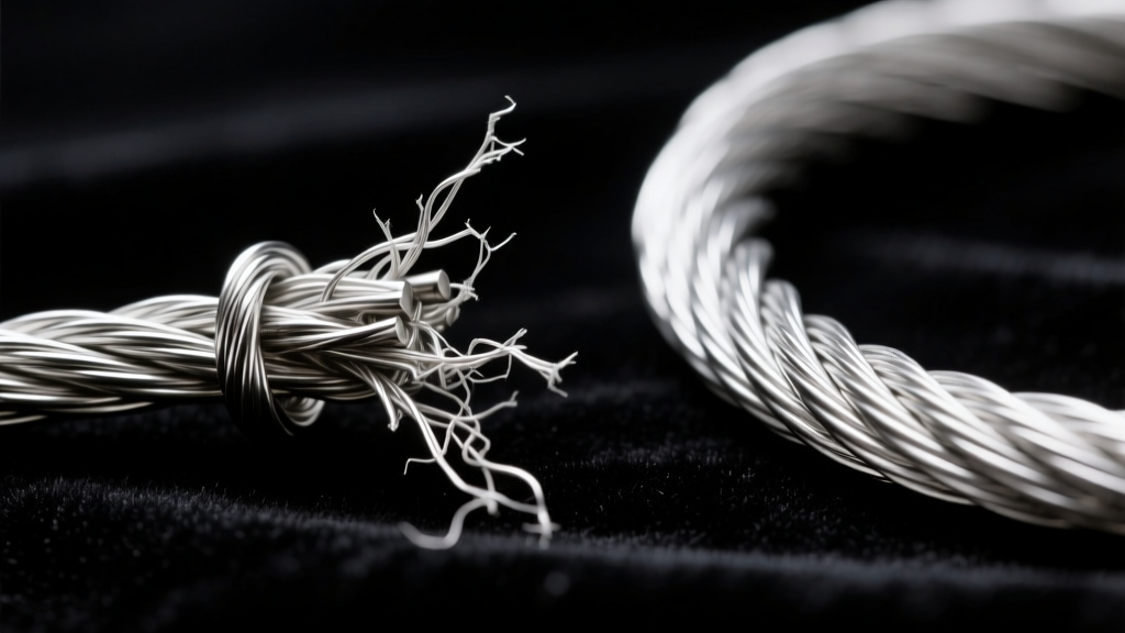 Macro of frayed 7-strand wire failing at a silver clasp, beside a pristine 49-strand wire in sharp studio light on dark velvet