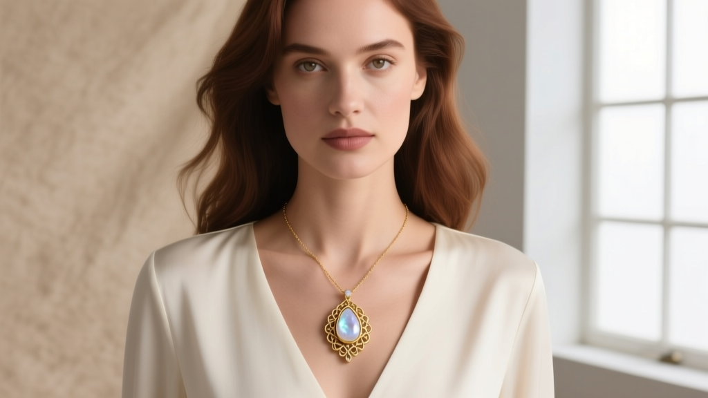 Woman in a V-neck blouse wearing the Embreigh Courtlyn necklace, showing the pendant resting elegantly against her collarbone.