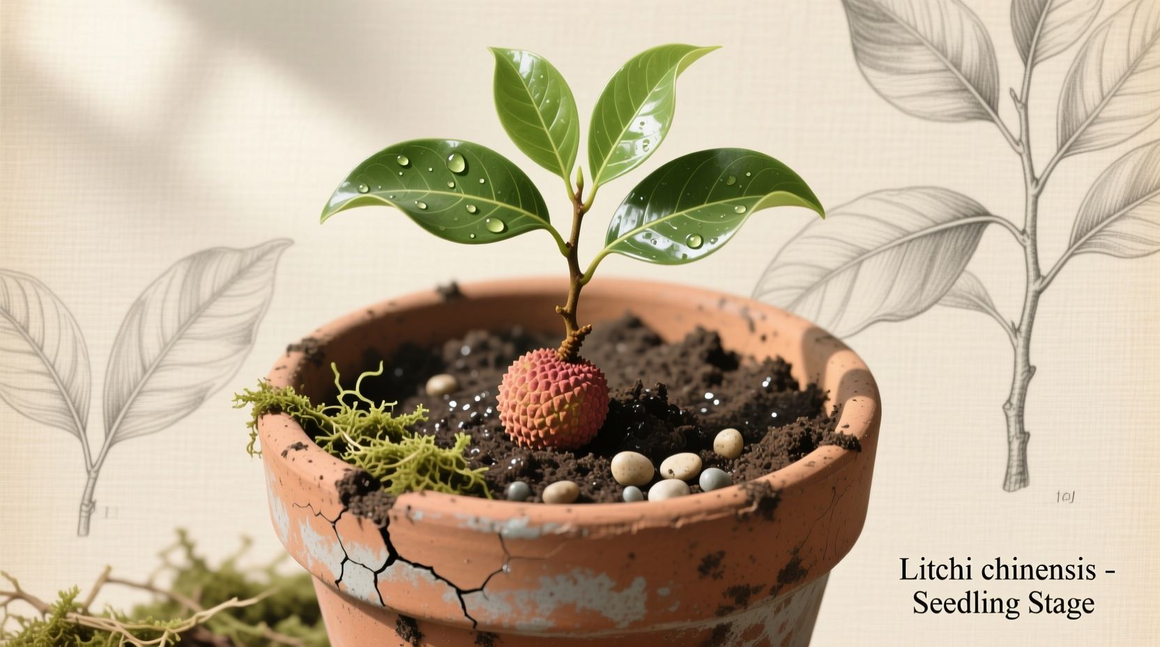 Healthy lychee seedling in terracotta pot with moist soil