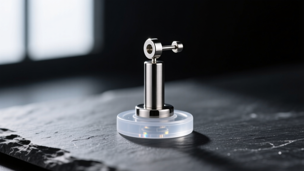 Macro photography of a sixteen-gauge titanium earring post with a clear silicone support disc resting on a dark slate surface.