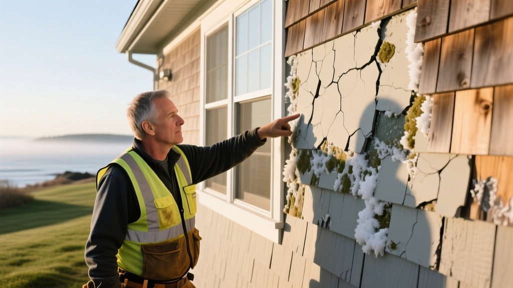 Contractor inspecting fiber cement siding on a Yarmouth coastal home, pointing to freeze-thaw spalling and salt stains near trim