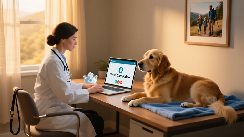 A veterinarian consulting with a pet owner via laptop while gently examining a calm dog nearby