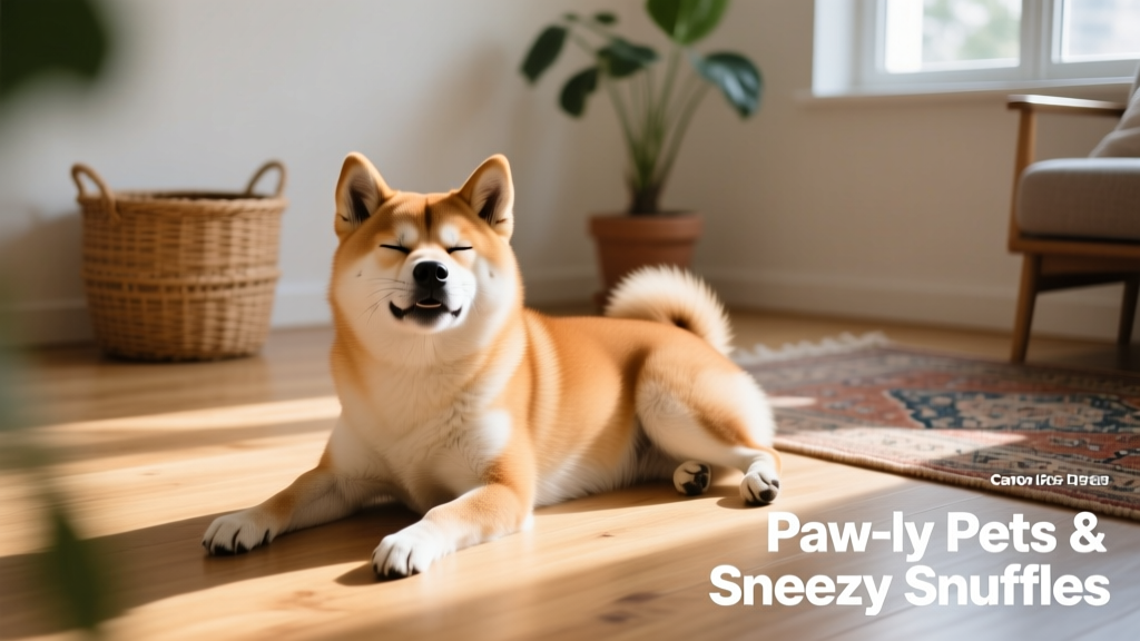a shiba inu lying on an indoor wooden floor, eyes squinting as if about to sneeze