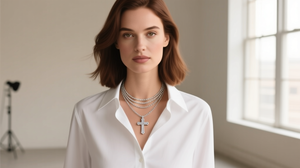 Woman wearing a layered necklace stack featuring a delicate Kate Spade cross pendant over a crisp white button-down shirt collar.