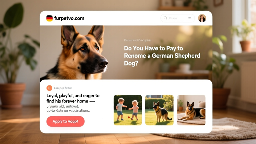 Screenshot-style graphic showing a friendly German Shepherd profile page on furpetvo.com, with photos, bio, and 'Apply to Adopt' button