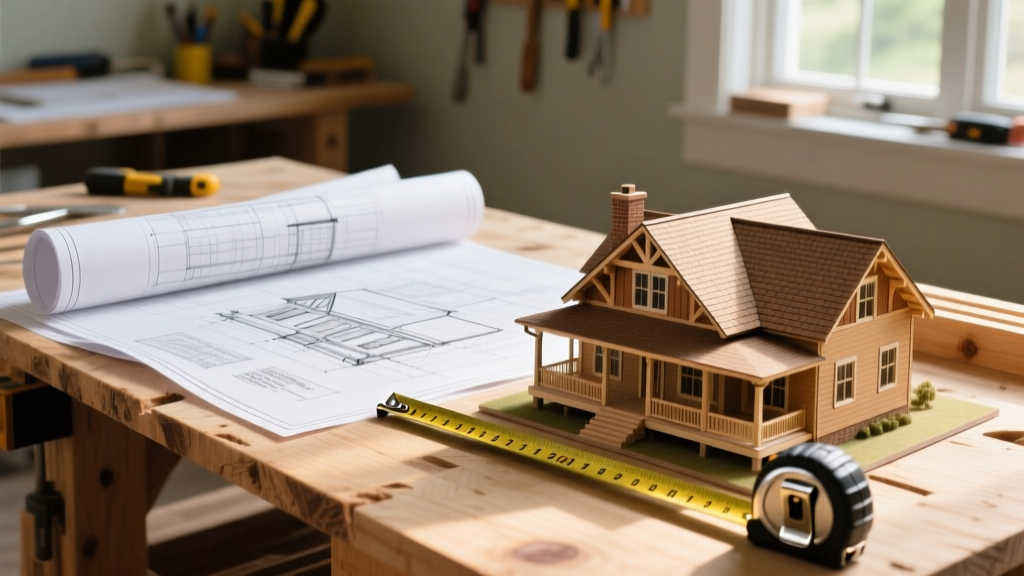 Architectural blueprints on a plywood workbench next to a tape measure and a scale model of a Southern craftsman home in Alabama