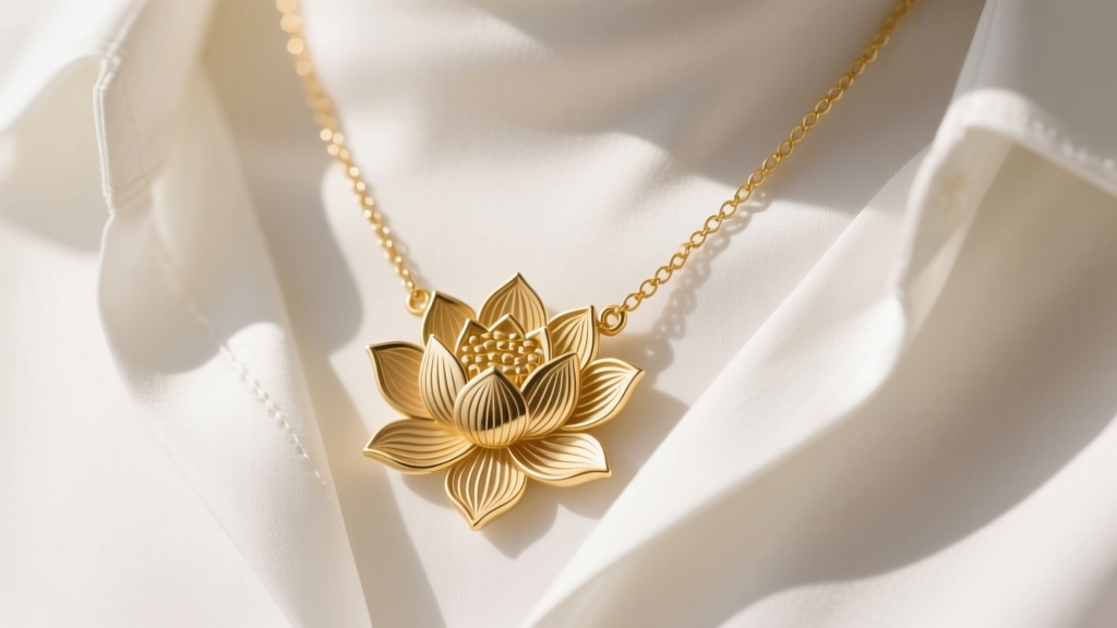 Minimalist 14k gold articulated bib necklace with lotus engravings worn over a white silk shirt in bright natural sunlight.