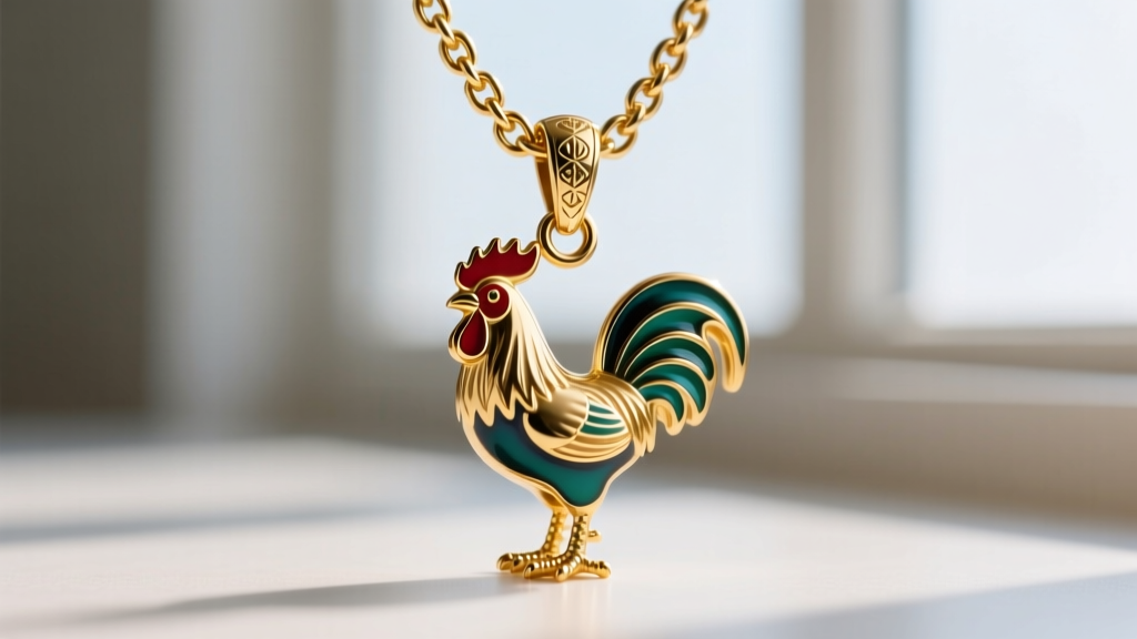 Macro view of a gold-filled chain on an enamel rooster pendant, focusing on a secure lobster clasp and a soldered jump ring.