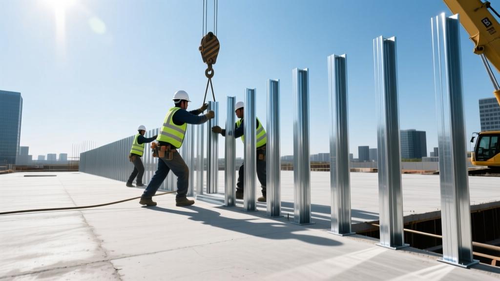 Ironworkers hoisting galvanized cold-formed steel studs into place on a commercial concrete slab under bright daylight.