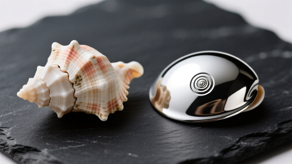 Macro shot of an asymmetrical genuine puka shell beside a perfectly round, machine-stamped fake shell on a dark slate background.