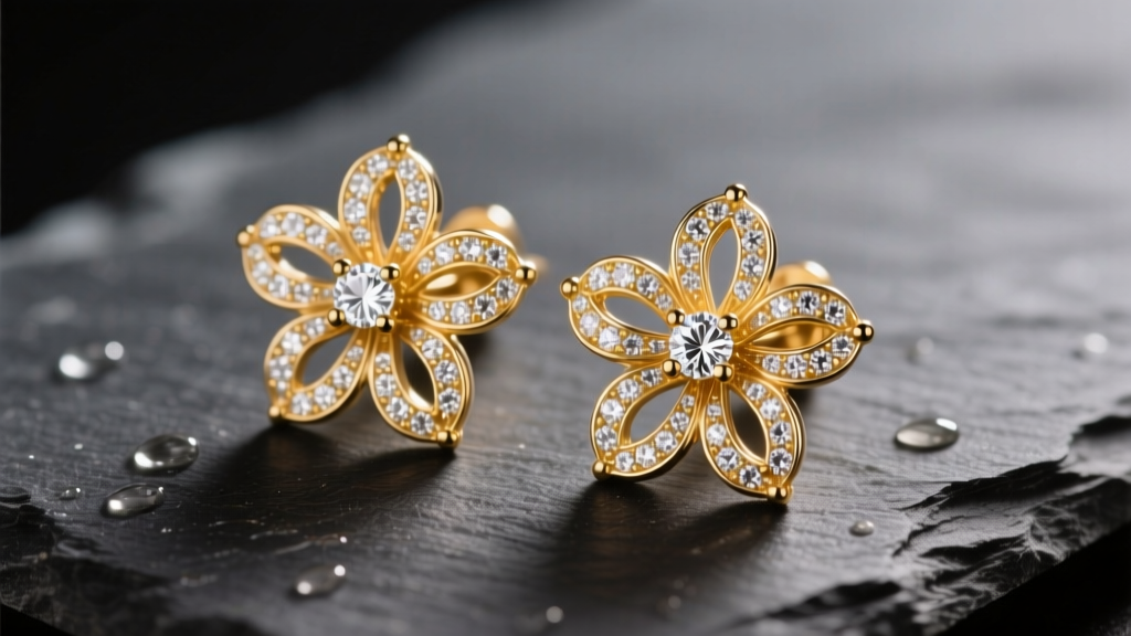 Macro shot of 14k gold cluster flower earrings with pave diamonds on dark slate, soft light highlighting intricate metal petals.