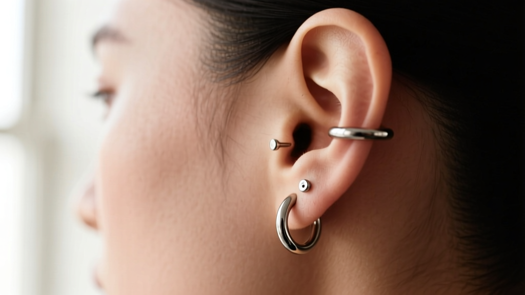 Right ear profile showing a 16-gauge titanium flat back labret and a seamless clicker hoop in the helix under soft natural light.