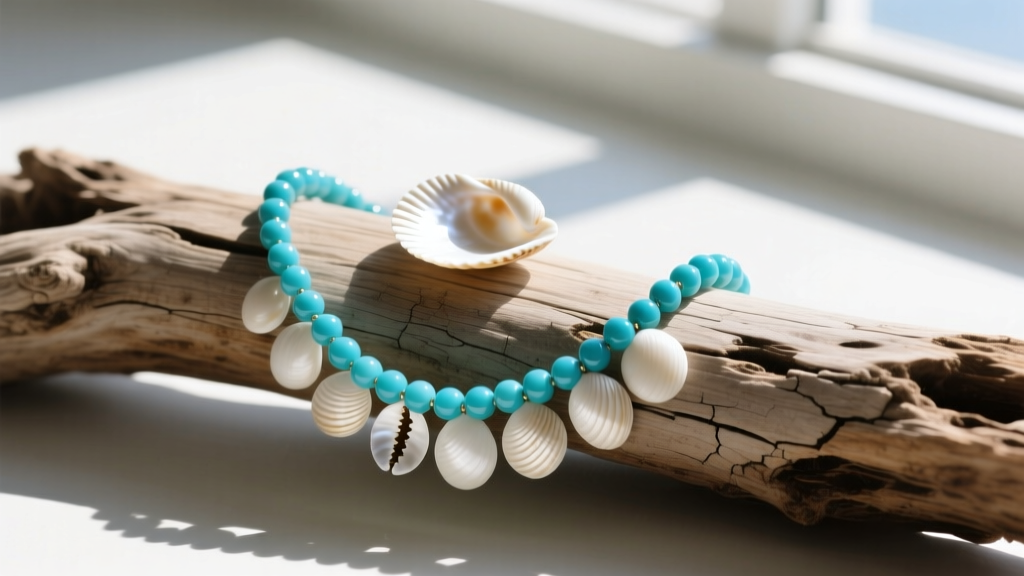 A shell and bead necklace on driftwood, featuring natural white puka shells and turquoise glass seed beads in bright daylight