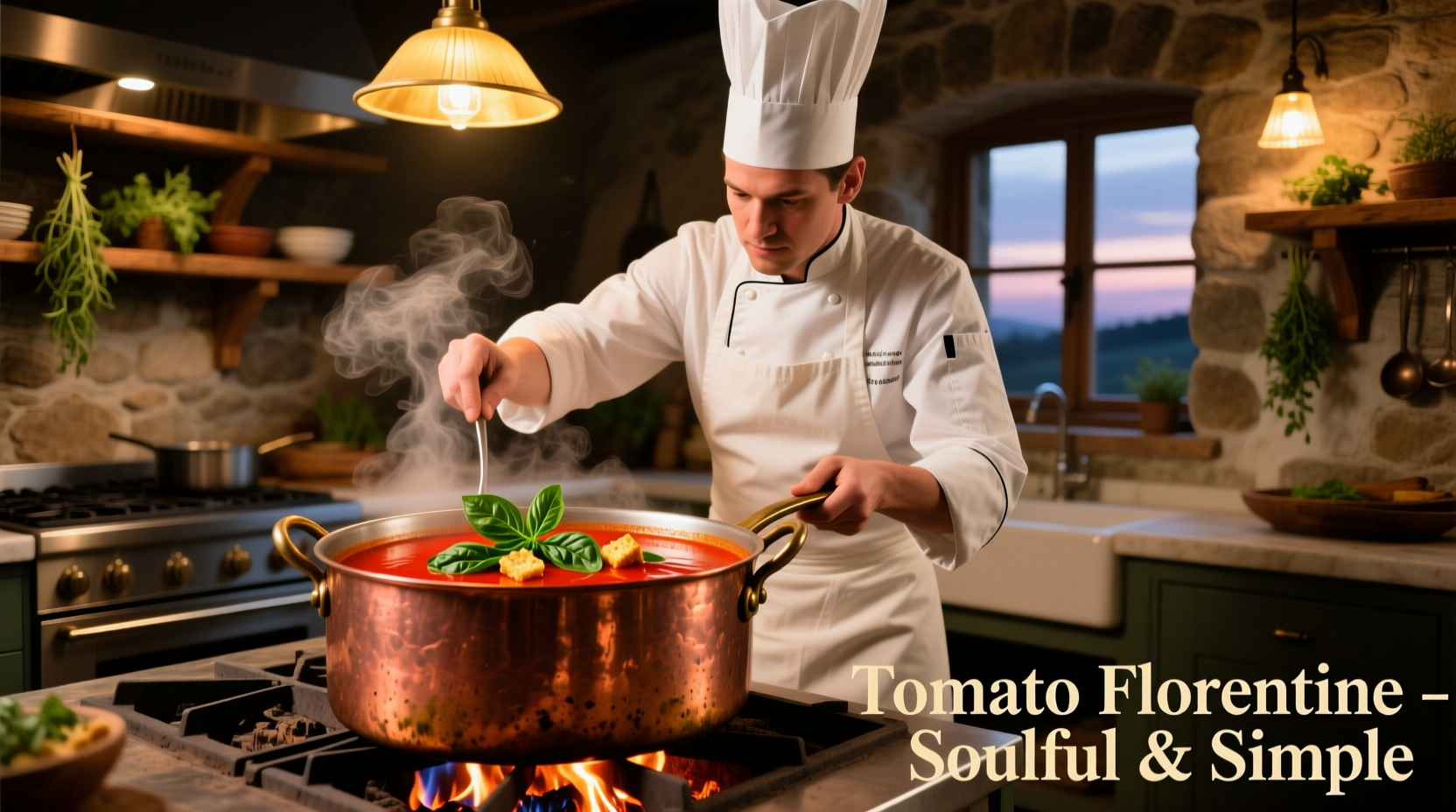 Chef preparing vibrant tomato florentine soup in copper pot