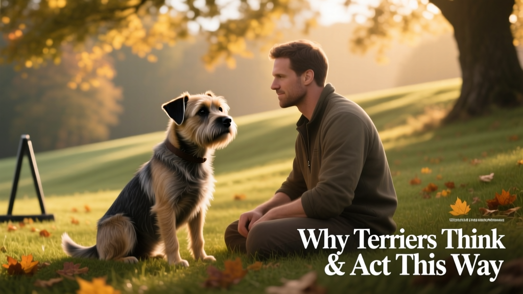 A calm, well-groomed Border Terrier sitting attentively beside its owner during a quiet training session outdoors