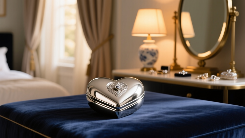 Polished silver heart shaped jewelry box resting on dark velvet, reflecting soft warm light from a nearby vanity mirror setup.