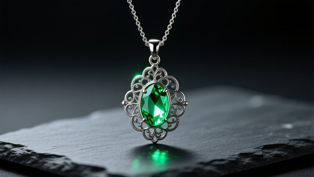 Close-up of a vintage-style silver mood pendant necklace glowing vibrant green, resting on dark slate with soft, moody lighting.