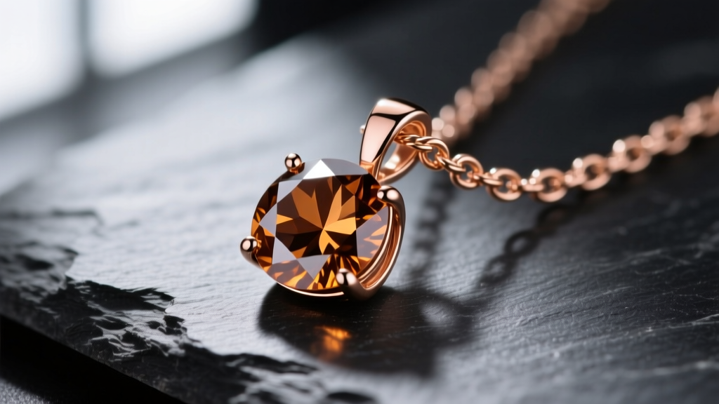 Close-up of a 2-carat natural fancy brown diamond pendant in 18k rose gold with a delicate cable chain on a dark slate surface
