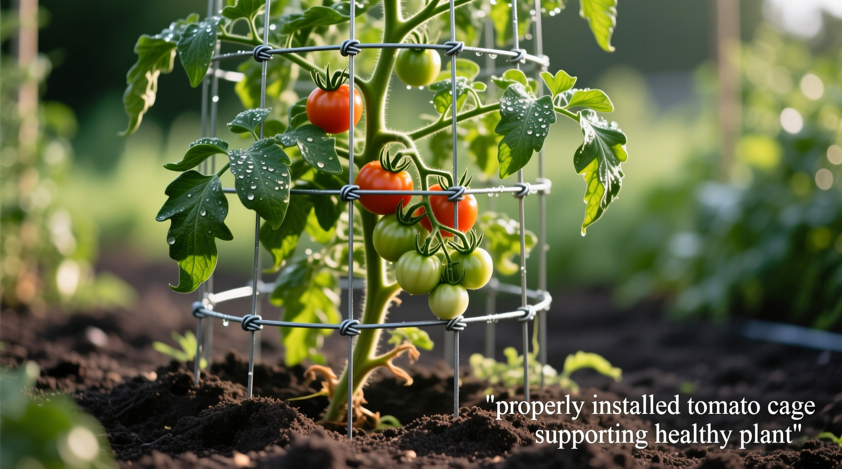 Properly installed tomato cage supporting healthy plant