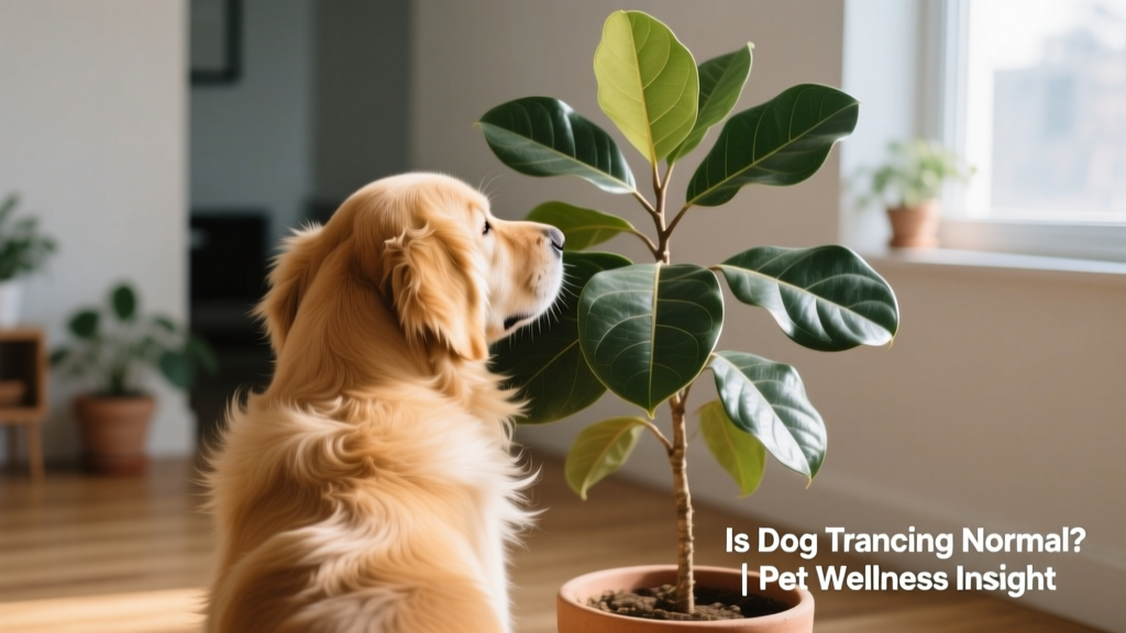 Close-up of a dog’s back lightly brushing against soft foliage of an indoor plant