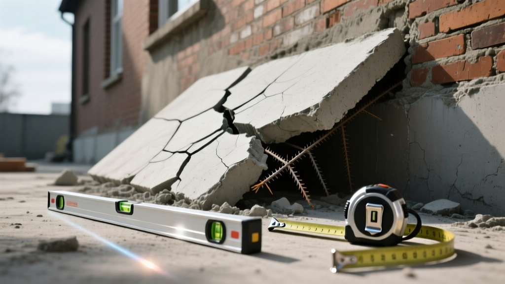 Cracked concrete slab foundation lifting unevenly near a brick exterior wall, with laser level and measuring tape visible on the ground