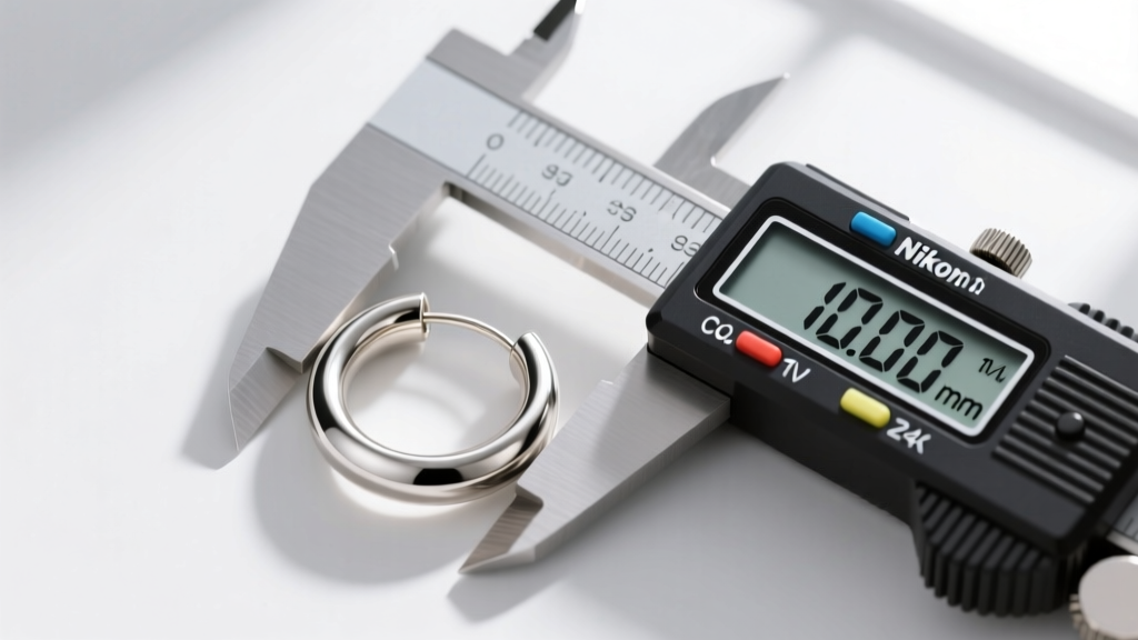 Top-down view of digital calipers measuring the inner diameter of a titanium 10mm hoop earring on a clean white background.