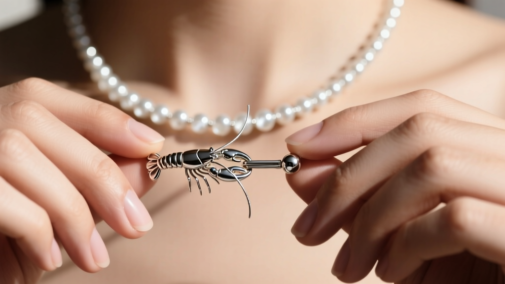 Hands clasping a silver lobster clasp on a beaded necklace finished with a wire guardian and a 2mm silver crimp bead cover