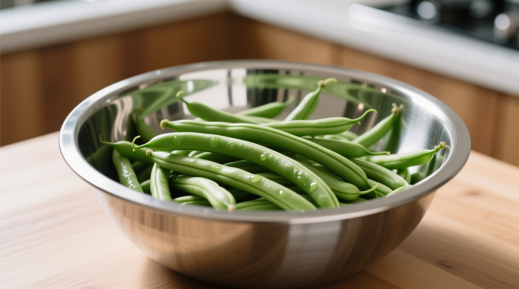 Crisp green string beans in stainless steel bowl