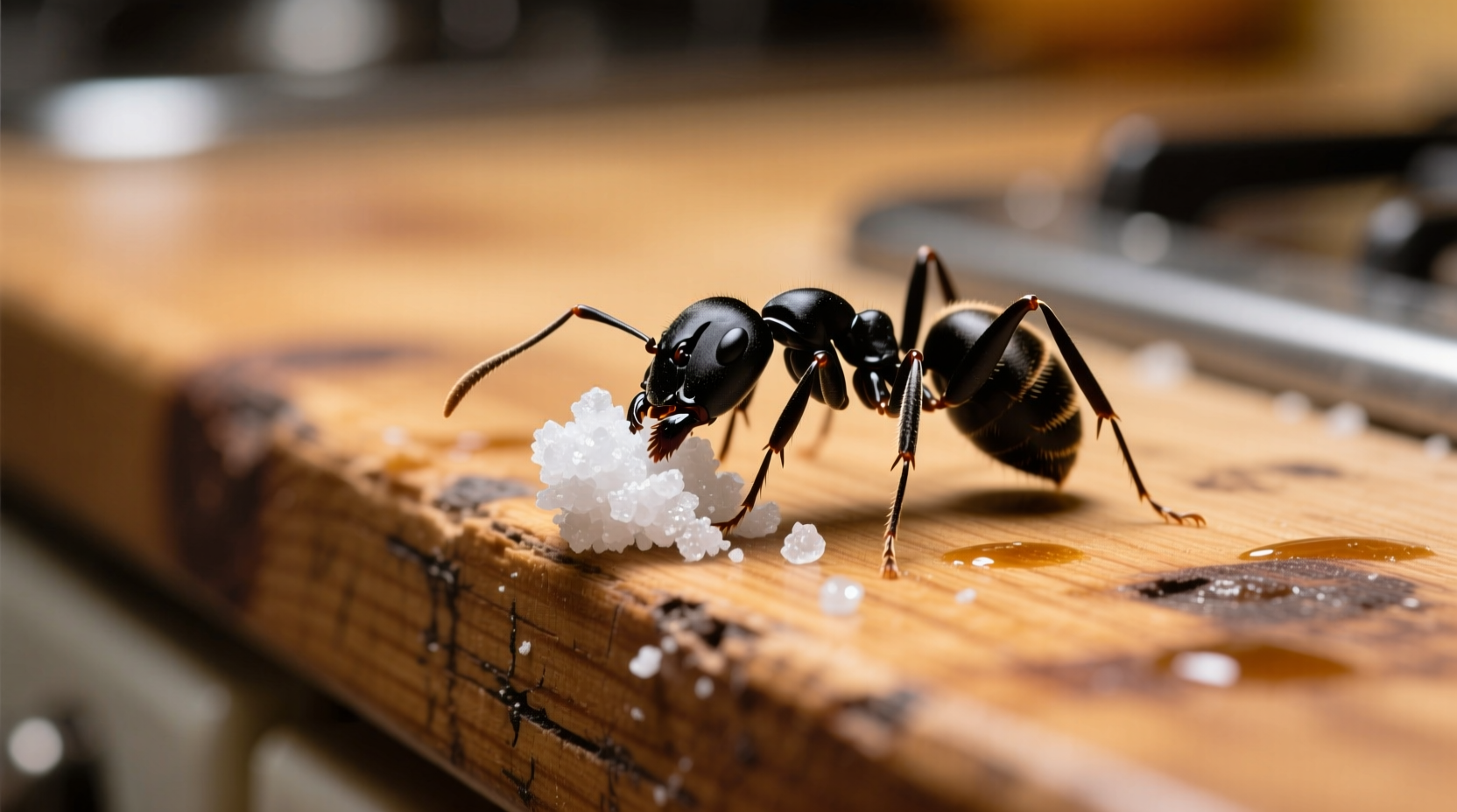 Close-up of ant carrying borax mixture along kitchen counter