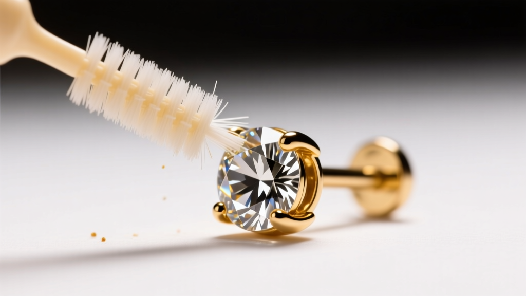 Close-up of a soft interdental brush gently scrubbing the grooved post of a diamond stud earring under bright, warm studio lighting.