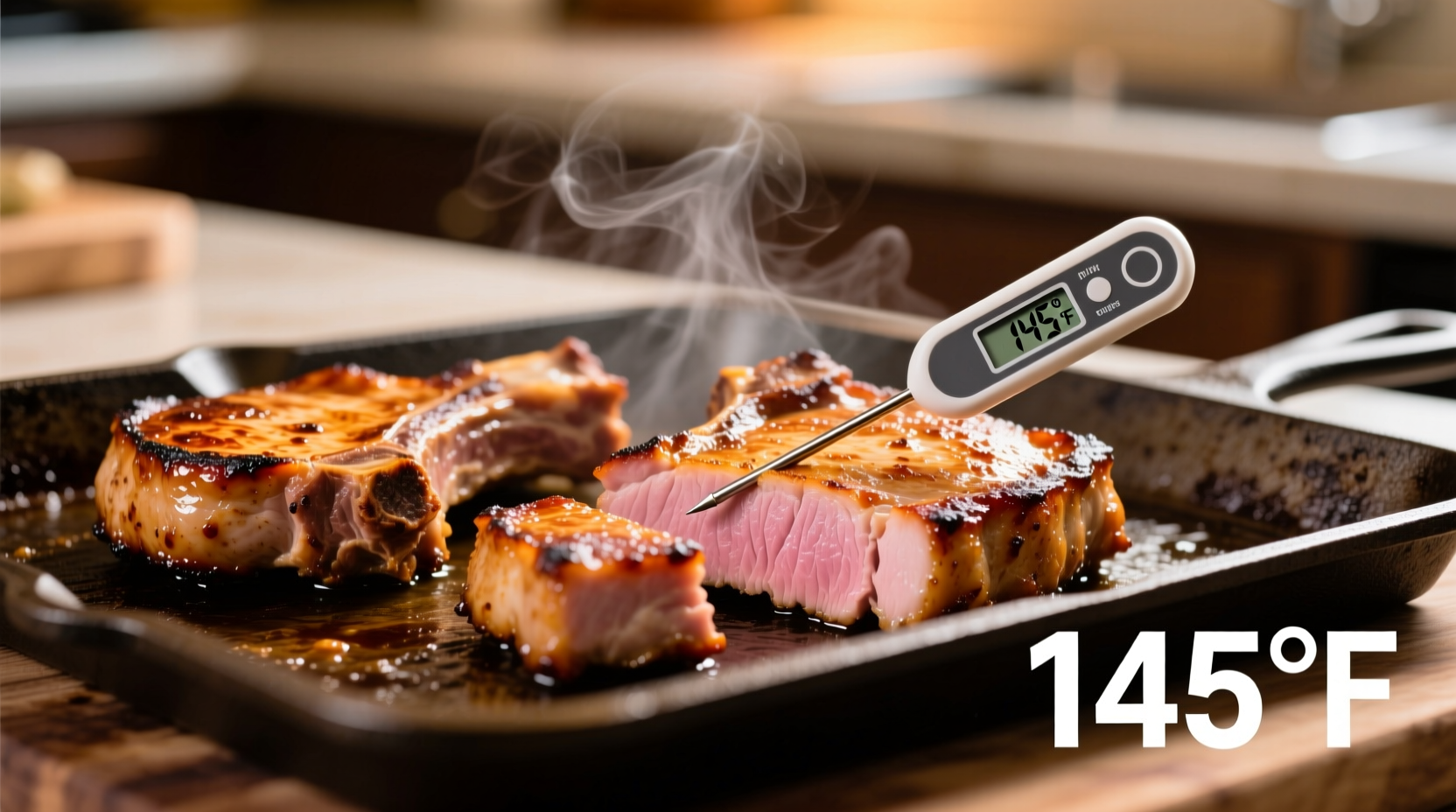 Perfectly cooked pork chops on baking sheet with thermometer