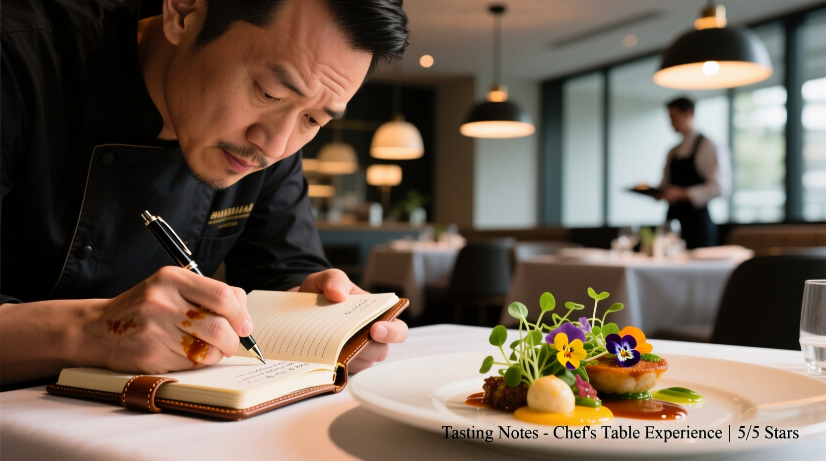 Food critic taking detailed tasting notes during restaurant visit