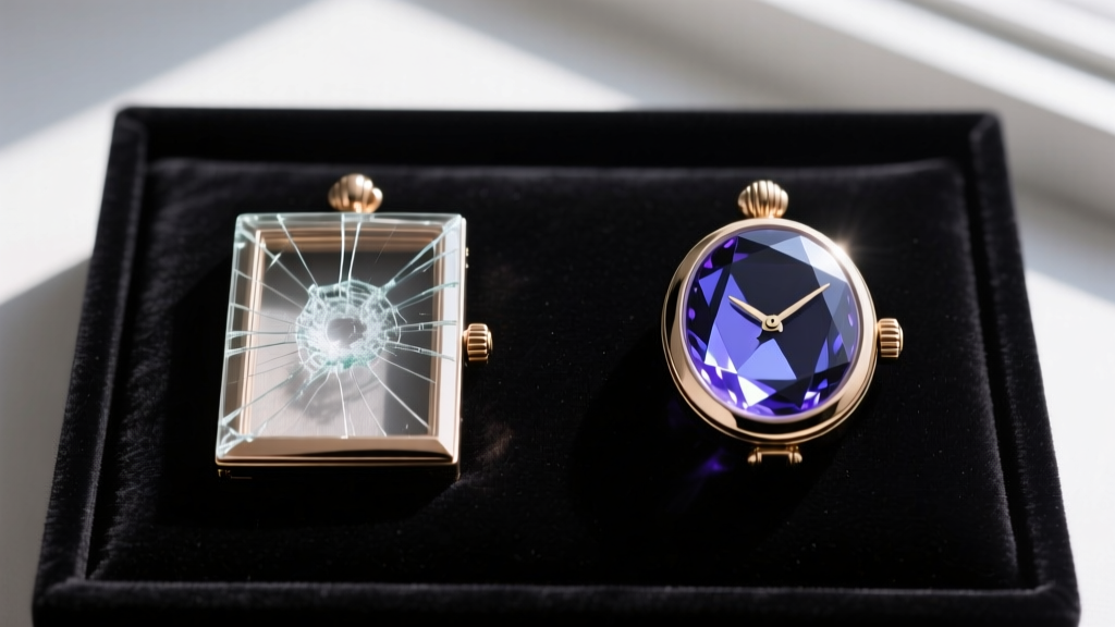 Macro comparison of scratched acrylic versus pristine sapphire crystal locket windows resting on a dark velvet jewelry display pad.
