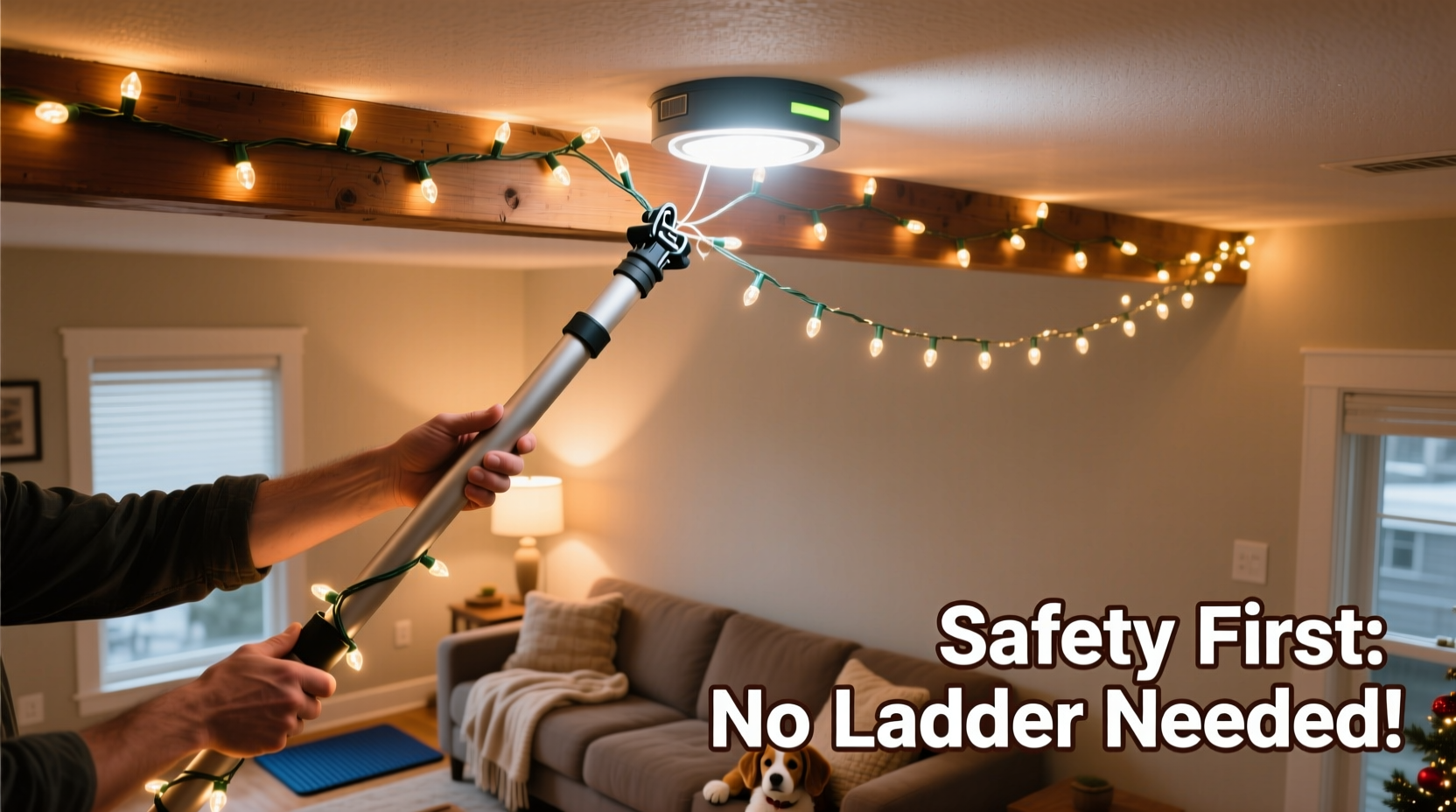 how to hang christmas lights on high ceilings safely without a ladder mishap