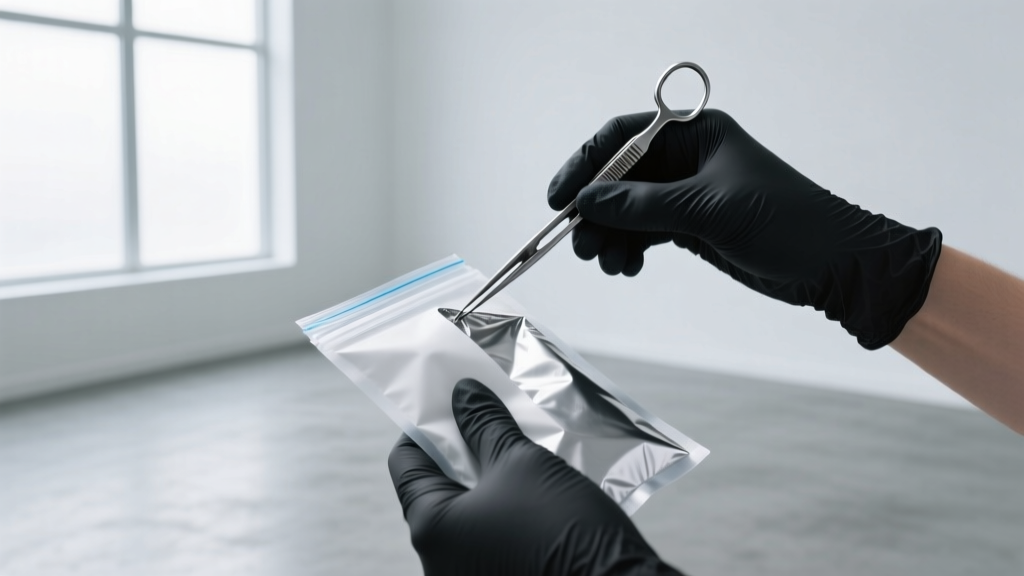 Piercer in black nitrile gloves opening a sterile pouch with sterilized forceps in a modern, well-lit studio