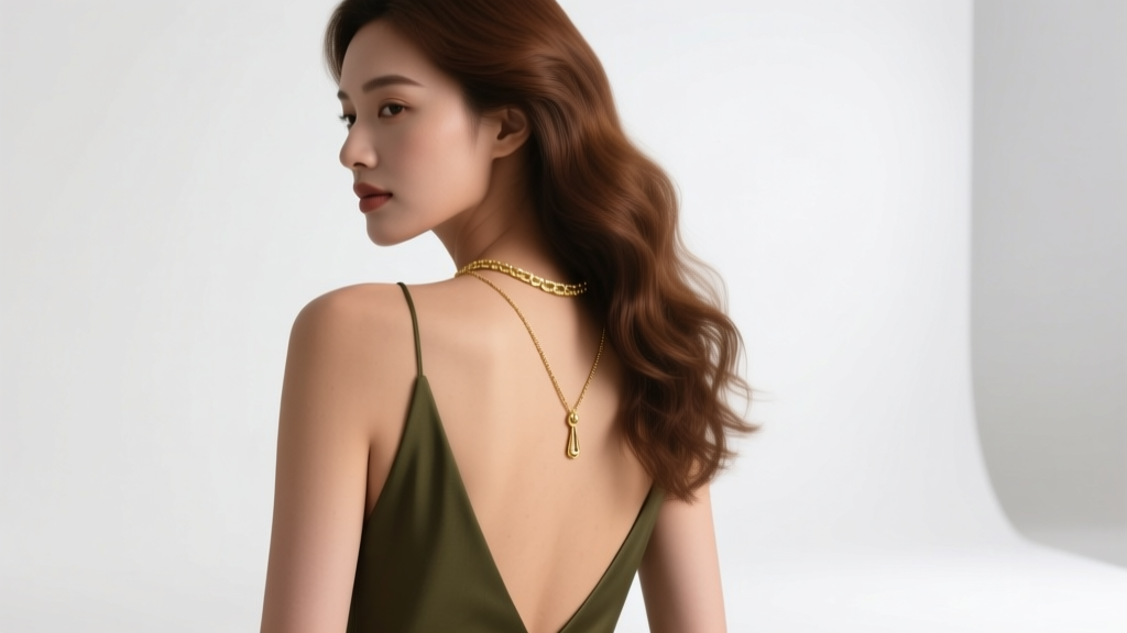 Elegant woman wearing a delicate 14k gold lariat necklace for backless dress, deep V-drop down bare spine in soft studio lighting