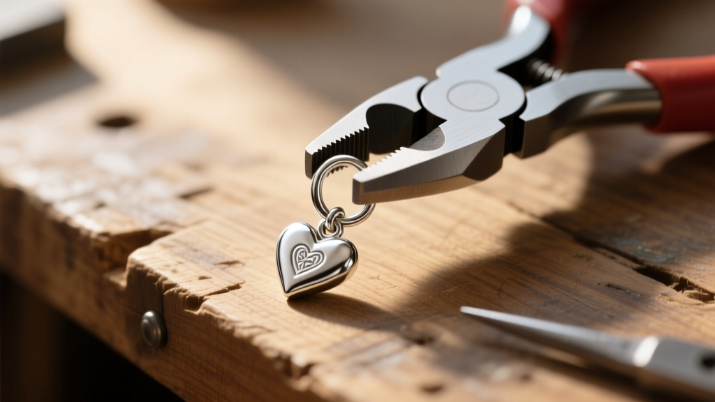Flat-nose pliers securing an 18-gauge sterling silver jump ring onto a small heart pendant bail against a wooden workbench.