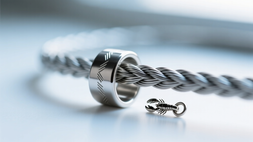 Close-up of a flattened sterling silver crimp tube securing a 49-strand stainless steel beading wire near a small lobster clasp.