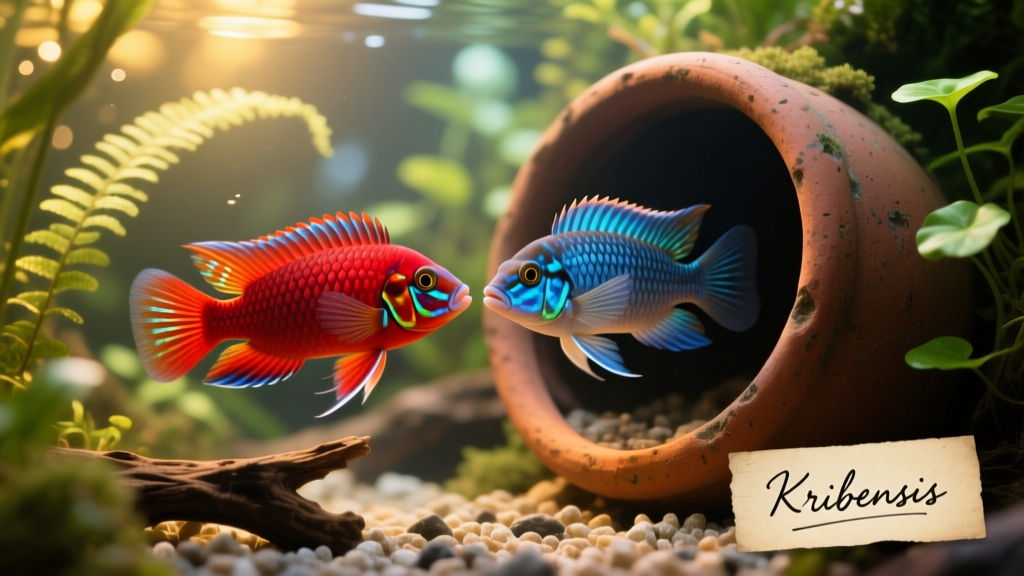 A pair of vibrant Kribensis cichlids near a clay flowerpot cave in a planted aquarium