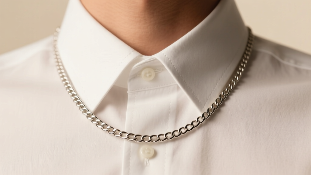 Crisp white Oxford button-down shirt collar framing a 1.5mm sterling silver curb chain necklace under soft, warm studio lighting.