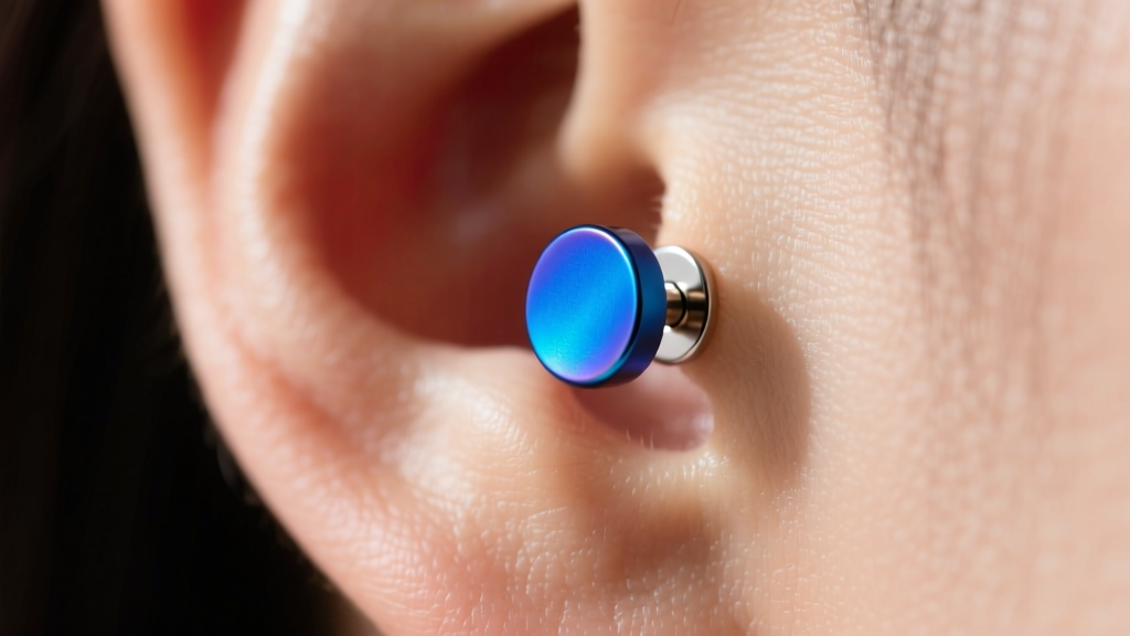 Close-up of an ear lobe wearing an anodized blue niobium stud, showing the seamless post and flat back disc against warm skin.