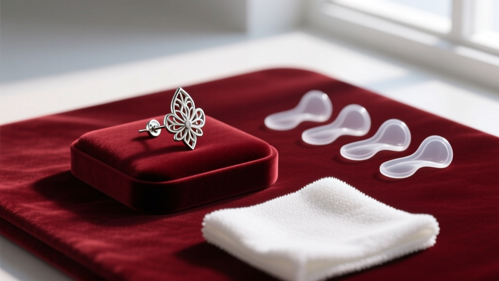 Flat lay of a glinda earring resting on velvet next to clear silicone earlobe support patches and a microfiber polishing cloth