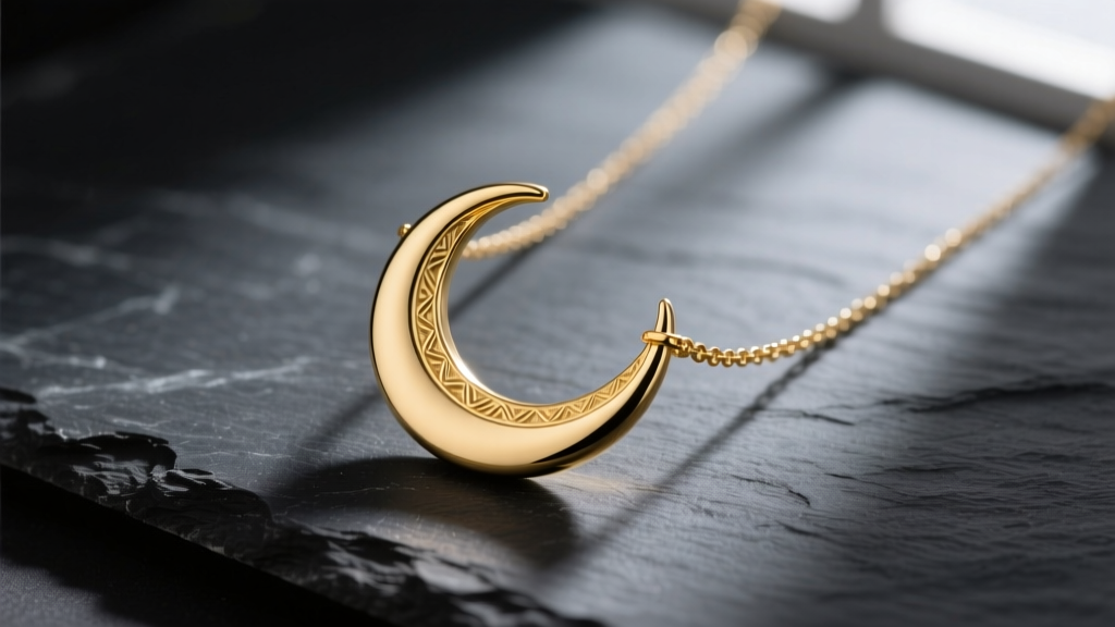 Delicate 14k solid gold lunula necklace on dark slate, soft moody lighting highlighting the polished crescent moon pendant shape.