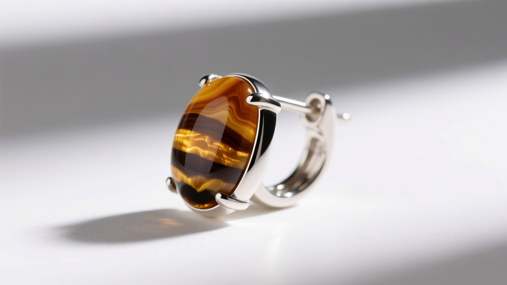 Macro shot of 20-gauge sterling silver bumble bee jasper huggie earring, showing smooth cabochon cut and secure hinge clasp.