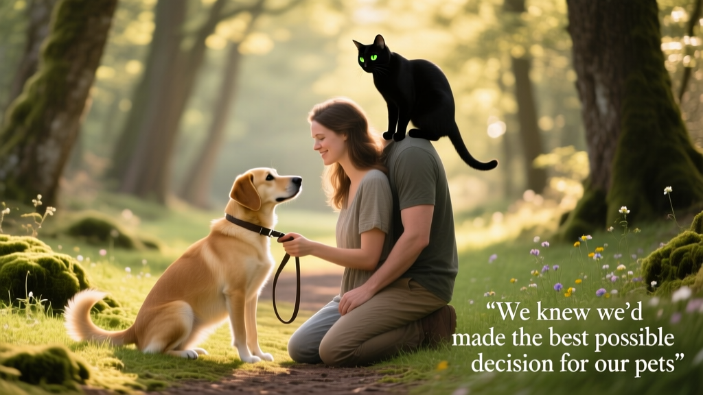 Dianne kneeling beside Piper on a grassy path, gently holding her leash, with Elvis perched on Scott’s shoulder looking alert and curious
