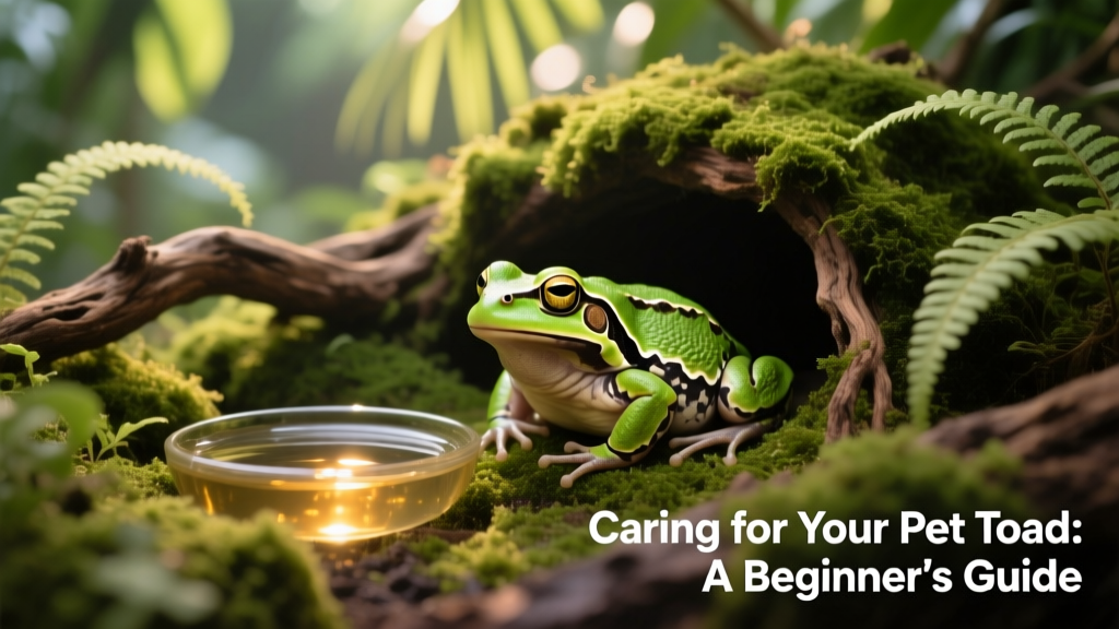 A well-planted, humid terrarium with a toad resting near a mossy hideout and shallow water dish