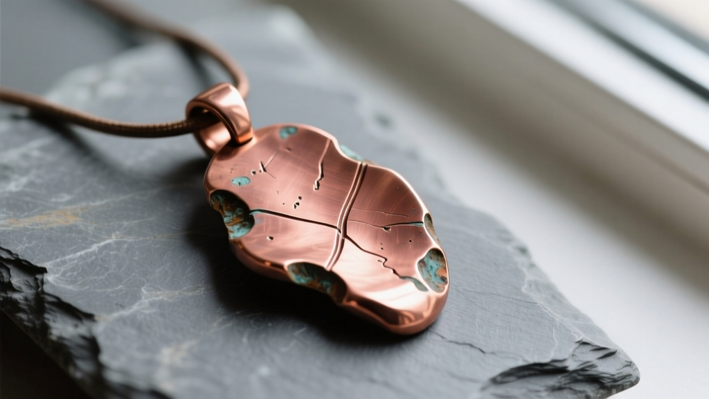 Close-up of a hammered solid copper pendant on slate, showing warm reddish metallic tones and natural oxidation edges