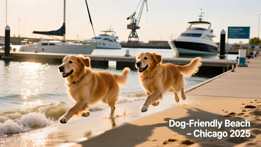 Two dogs running side-by-side along the water’s edge at a well-maintained harbor beach with boats visible in the background