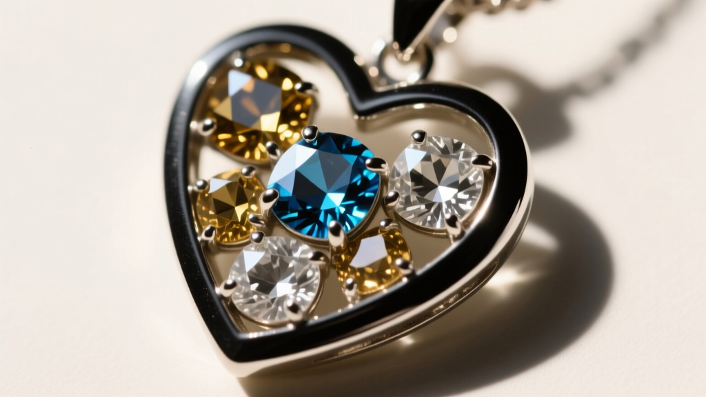 Macro shot of hand-set pyrite stones in a heart pendant bezel, contrasting blackened silver with glittering metallic facets.