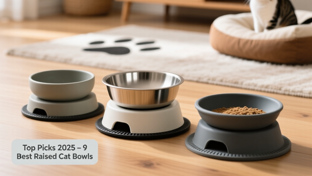 Side-by-side comparison of three raised cat bowls showing different heights, materials (ceramic, stainless steel, silicone), and non-slip bases